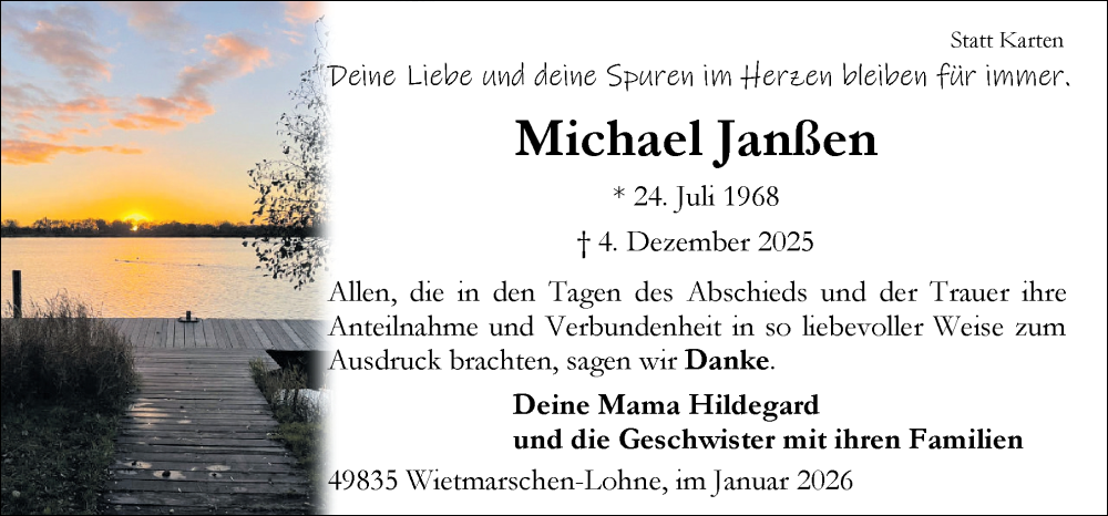  Traueranzeige für Michael Janßen vom 17.01.2026 aus Neue Osnabrücker Zeitung GmbH & Co. KG