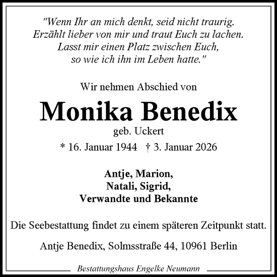 Traueranzeige von Monika Benedix von Ostfriesischer Kurier GmbH
