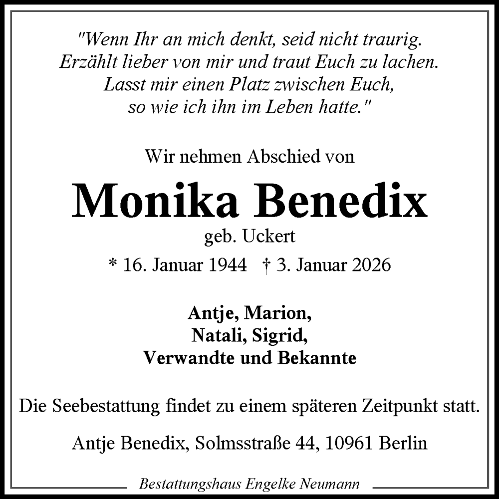  Traueranzeige für Monika Benedix vom 17.01.2026 aus Ostfriesischer Kurier GmbH