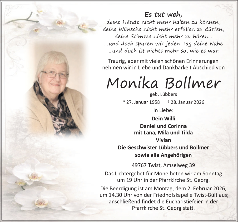  Traueranzeige für Monika Bollmer vom 30.01.2026 aus Neue Osnabrücker Zeitung GmbH & Co. KG