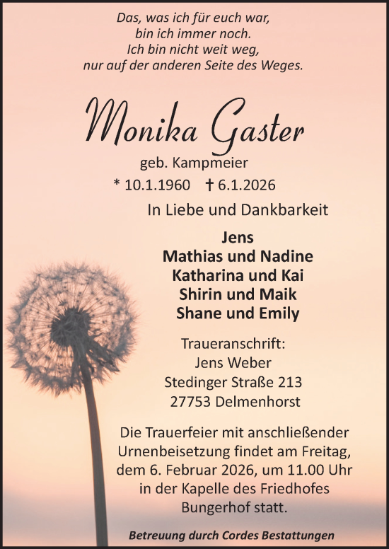 Traueranzeige von Monika Gaster von DK Medien GmbH & Co. KG