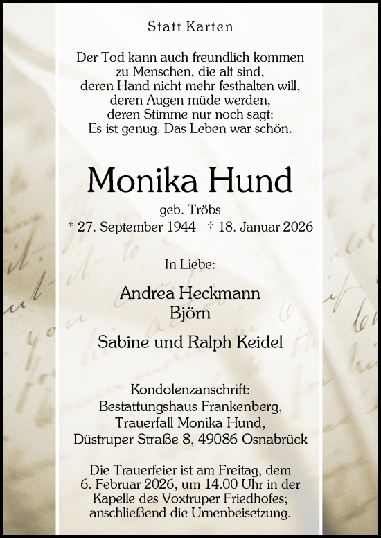 Traueranzeige von Monika Hund von Neue Osnabrücker Zeitung GmbH & Co. KG