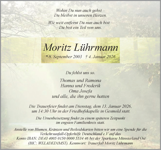Traueranzeige von Moritz Lührmann von Neue Osnabrücker Zeitung GmbH & Co. KG