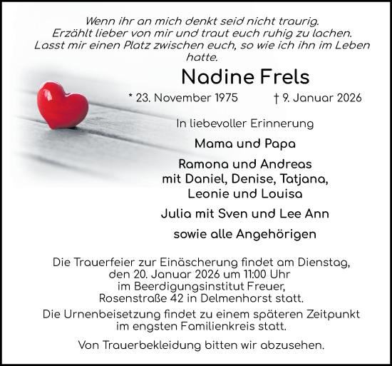 Traueranzeige von Nadine Frels von DK Medien GmbH & Co. KG