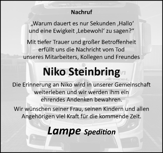 Traueranzeige von Niko Steinbring von Neue Osnabrücker Zeitung GmbH & Co. KG