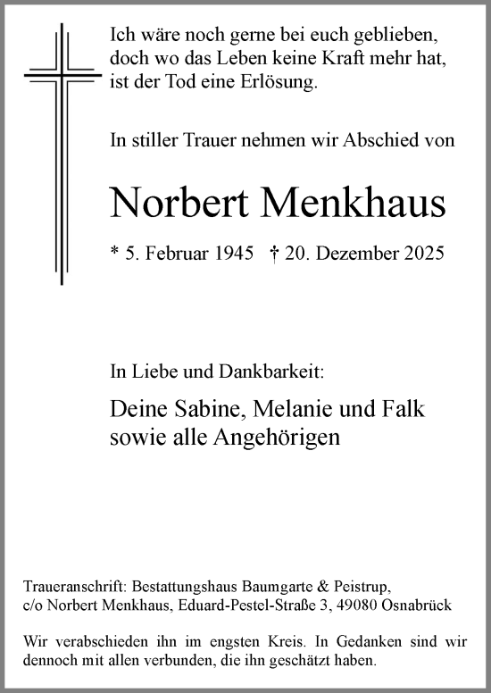 Traueranzeige von Norbert Menkhaus von Neue Osnabrücker Zeitung GmbH & Co. KG