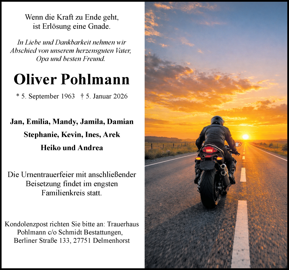 Traueranzeige für Oliver Pohlmann vom 10.01.2026 aus DK Medien GmbH & Co. KG