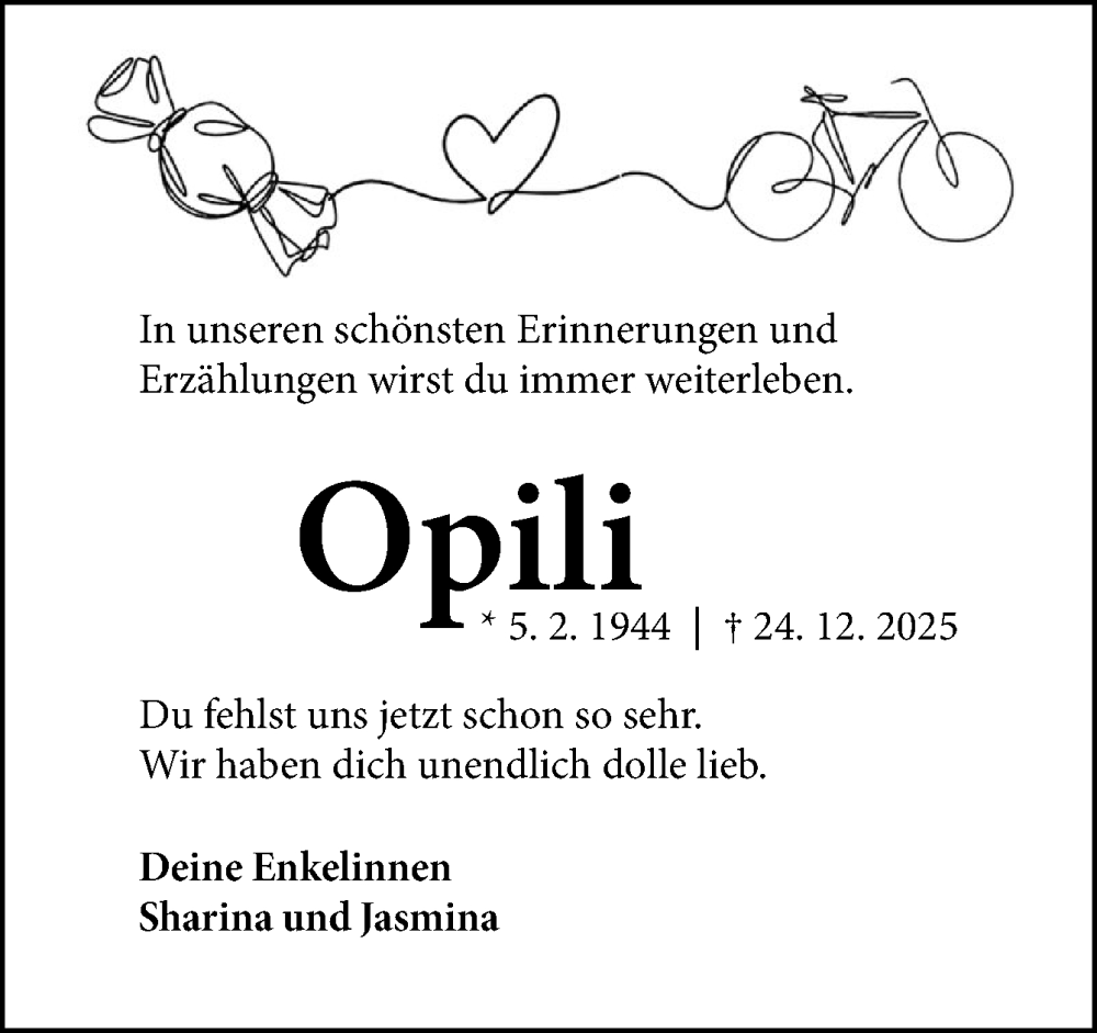  Traueranzeige für Opili  vom 10.01.2026 aus DK Medien GmbH & Co. KG