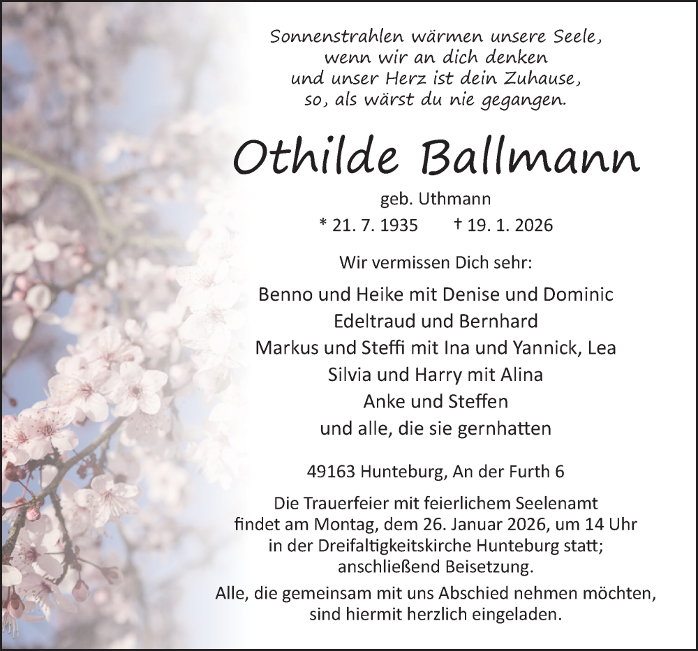  Traueranzeige für Othilde Ballmann vom 22.01.2026 aus Neue Osnabrücker Zeitung GmbH & Co. KG