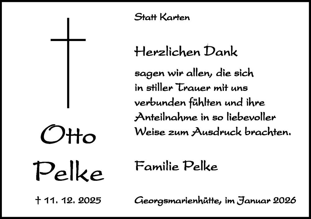  Traueranzeige für Otto Pelke vom 17.01.2026 aus Neue Osnabrücker Zeitung GmbH & Co. KG