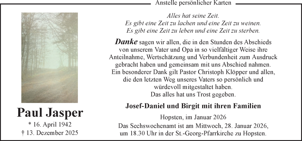  Traueranzeige für Paul Jasper vom 24.01.2026 aus Neue Osnabrücker Zeitung GmbH & Co. KG