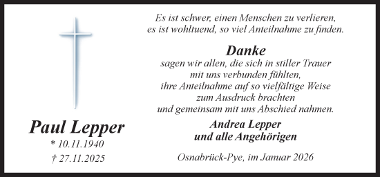 Traueranzeige von Paul Lepper von Neue Osnabrücker Zeitung GmbH & Co. KG