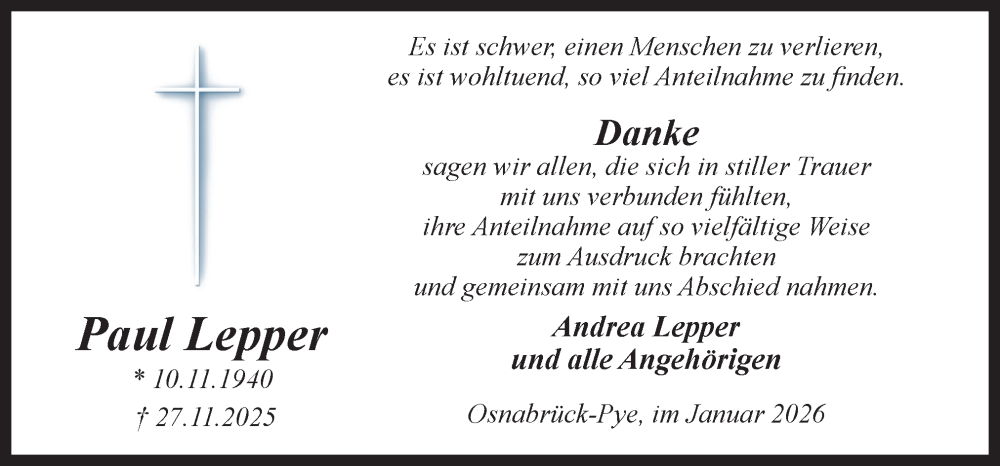  Traueranzeige für Paul Lepper vom 10.01.2026 aus Neue Osnabrücker Zeitung GmbH & Co. KG