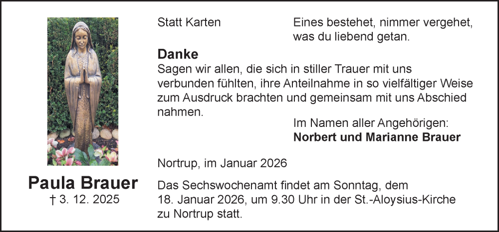  Traueranzeige für Paula Brauer vom 10.01.2026 aus Neue Osnabrücker Zeitung GmbH & Co. KG
