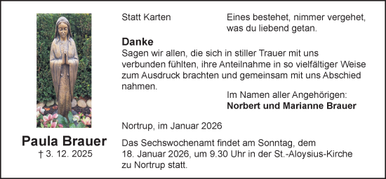 Traueranzeige von Paula Brauer von Neue Osnabrücker Zeitung GmbH & Co. KG