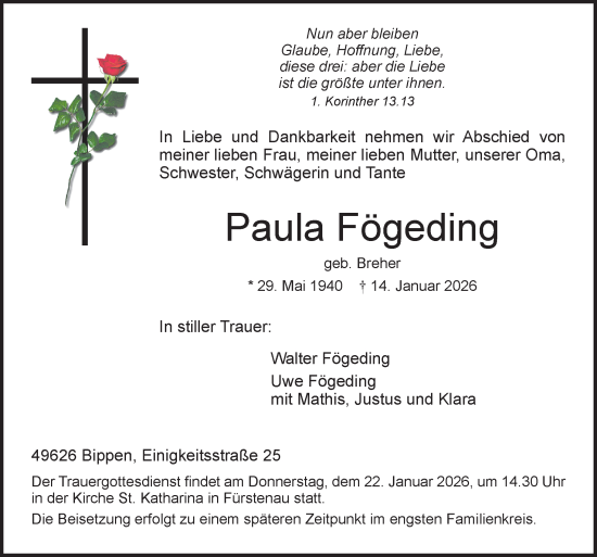 Traueranzeige von Paula Fögeding von Neue Osnabrücker Zeitung GmbH & Co. KG