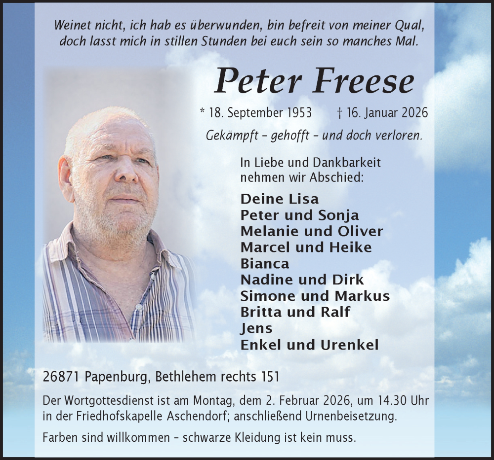  Traueranzeige für Peter Freese vom 24.01.2026 aus Neue Osnabrücker Zeitung GmbH & Co. KG