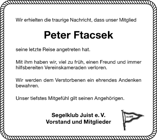 Traueranzeige von Peter Ftacsek von Ostfriesischer Kurier GmbH