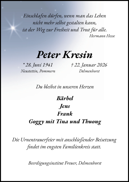 Traueranzeige von Peter Kresin von DK Medien GmbH & Co. KG