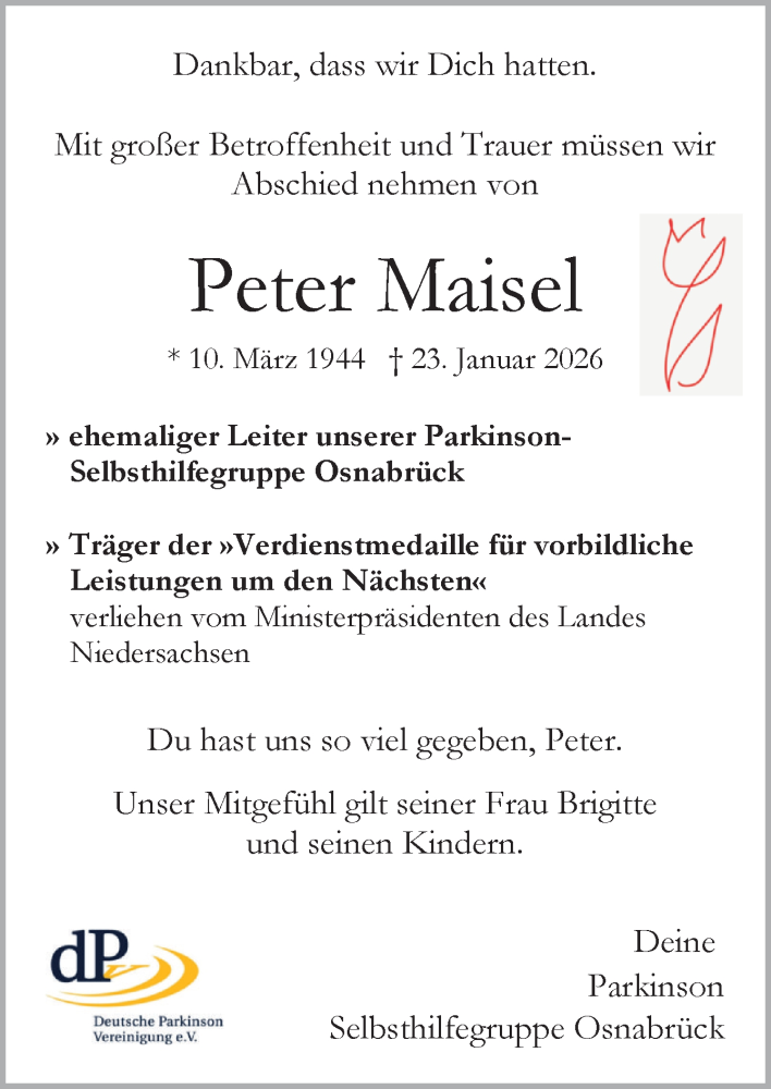  Traueranzeige für Peter Maisel vom 31.01.2026 aus Neue Osnabrücker Zeitung GmbH & Co. KG