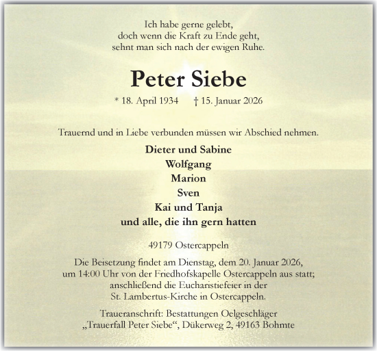 Traueranzeige von Peter Siebe von Neue Osnabrücker Zeitung GmbH & Co. KG