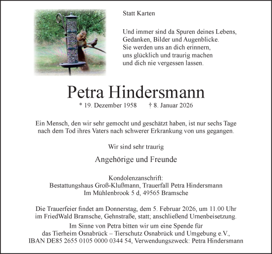 Traueranzeige von Petra Hindersmann von Neue Osnabrücker Zeitung GmbH & Co. KG