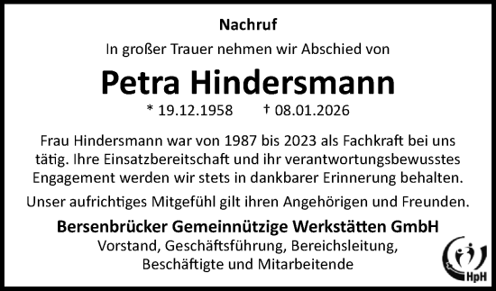 Traueranzeige von Petra Hindersmann von Neue Osnabrücker Zeitung GmbH & Co. KG