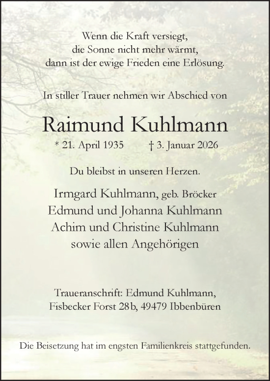 Traueranzeige von Raimund Kuhlmann von Neue Osnabrücker Zeitung GmbH & Co. KG