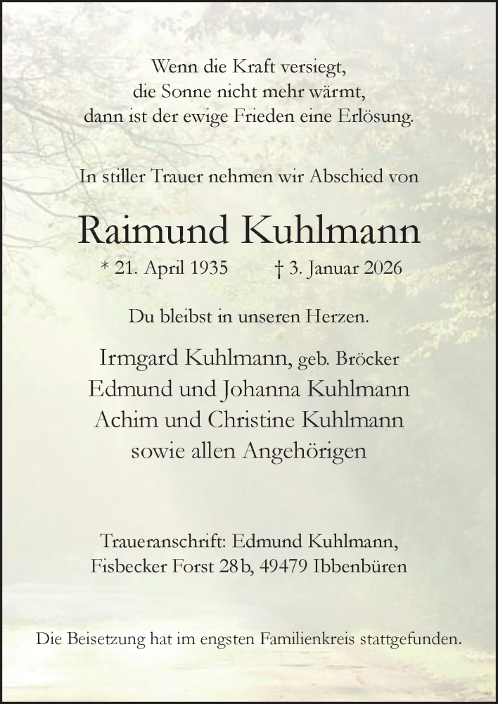  Traueranzeige für Raimund Kuhlmann vom 17.01.2026 aus Neue Osnabrücker Zeitung GmbH & Co. KG