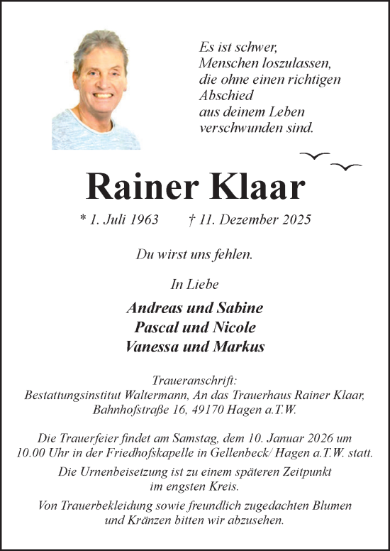 Traueranzeige von Rainer Klaar von Neue Osnabrücker Zeitung GmbH & Co. KG