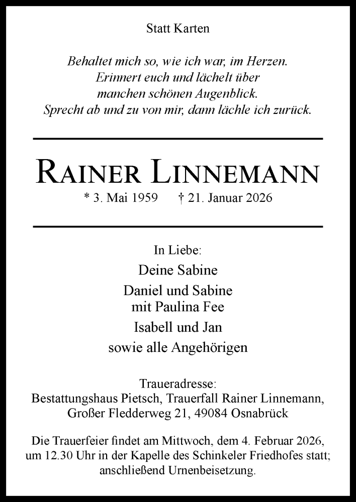 Traueranzeige für Rainer Linnemann vom 24.01.2026 aus Neue Osnabrücker Zeitung GmbH & Co. KG
