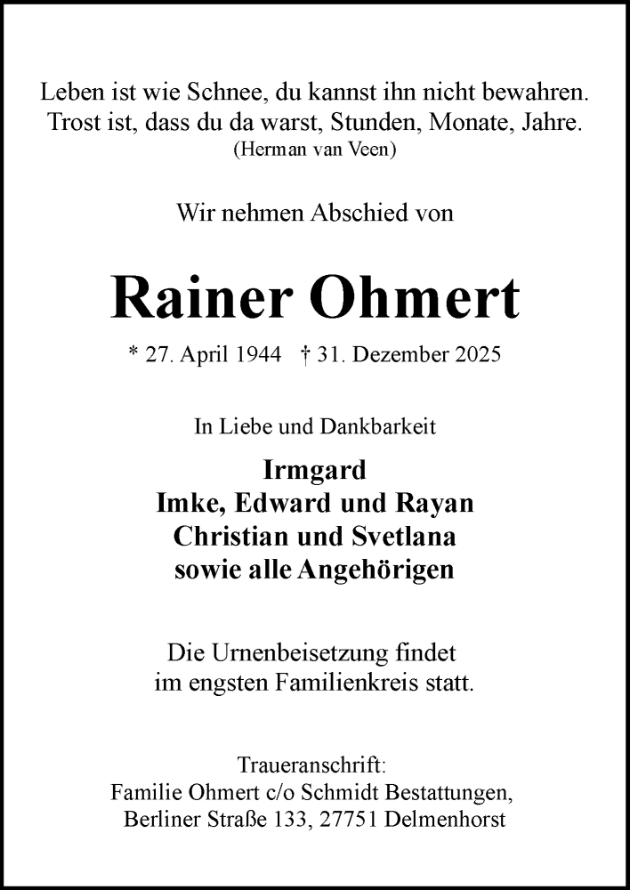  Traueranzeige für Rainer Ohmert vom 10.01.2026 aus DK Medien GmbH & Co. KG
