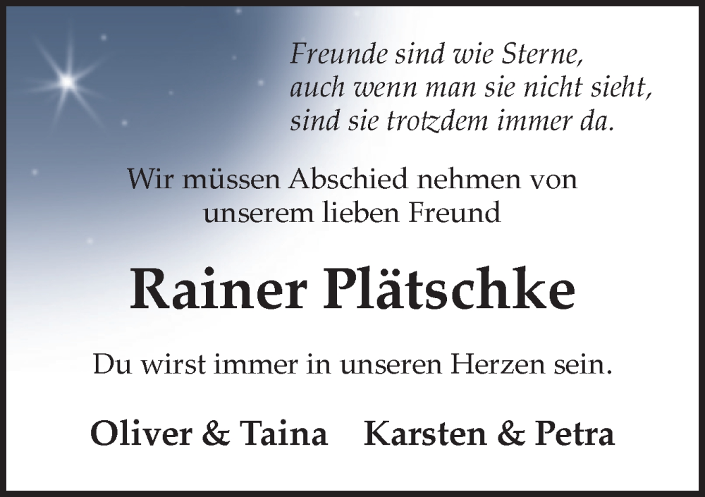  Traueranzeige für Rainer Plätschke vom 03.01.2026 aus DK Medien GmbH & Co. KG