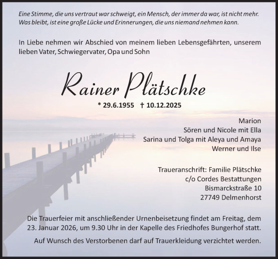 Traueranzeige von Rainer Plätschke von DK Medien GmbH & Co. KG