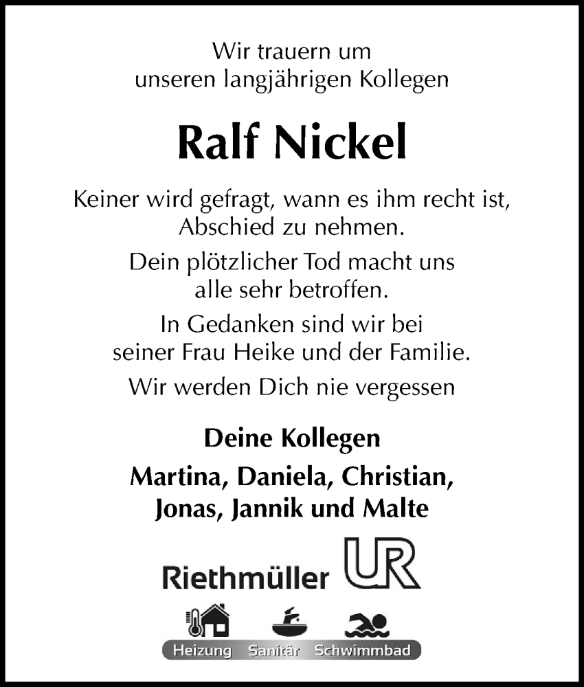  Traueranzeige für Ralf Nickel vom 31.01.2026 aus DK Medien GmbH & Co. KG