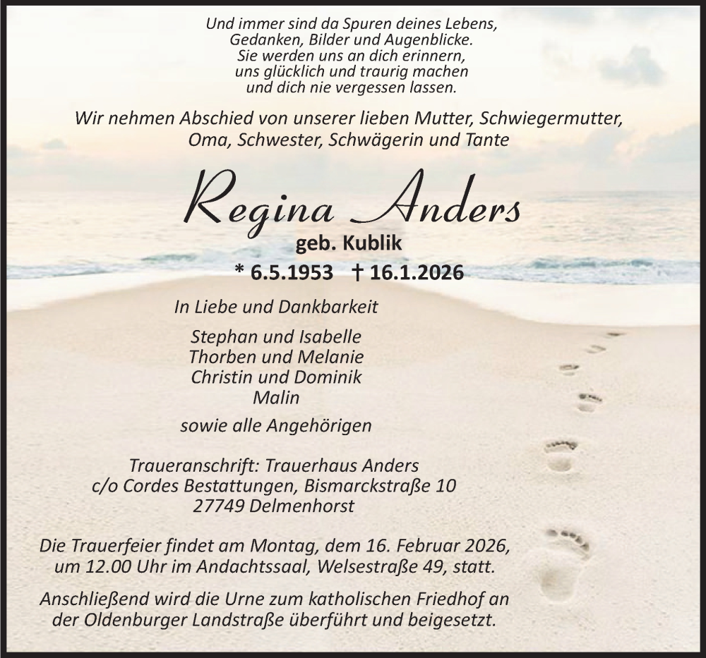  Traueranzeige für Regina Anders vom 24.01.2026 aus DK Medien GmbH & Co. KG
