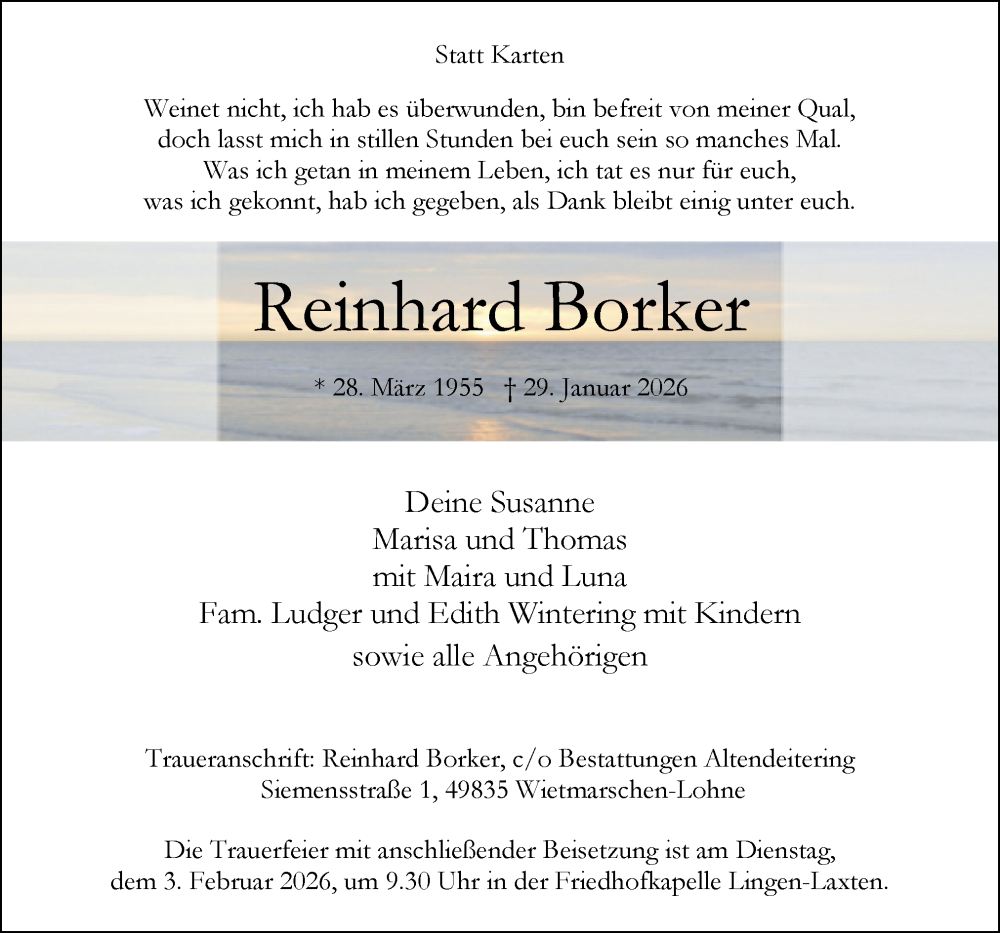  Traueranzeige für Reinhard Borker vom 31.01.2026 aus Neue Osnabrücker Zeitung GmbH & Co. KG
