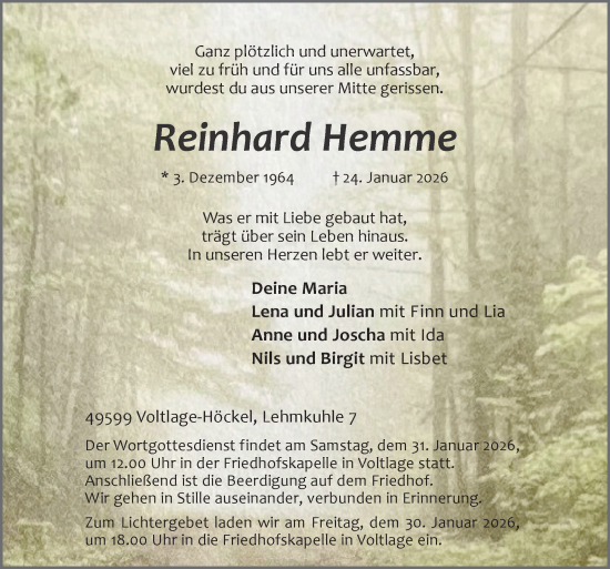 Traueranzeige von Reinhard Hemme von Neue Osnabrücker Zeitung GmbH & Co. KG