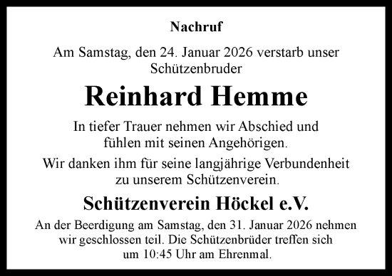 Traueranzeige von Reinhard Hemme von Neue Osnabrücker Zeitung GmbH & Co. KG