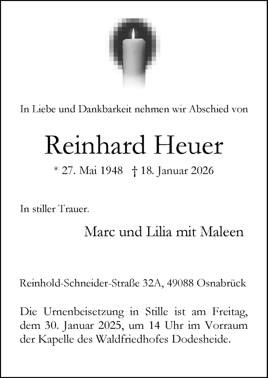 Traueranzeige von Reinhard Heuer von Neue Osnabrücker Zeitung GmbH & Co. KG
