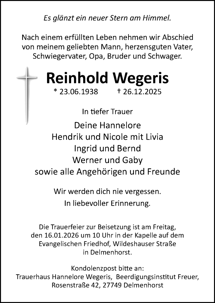  Traueranzeige für Reinhold Wegeris vom 03.01.2026 aus DK Medien GmbH & Co. KG