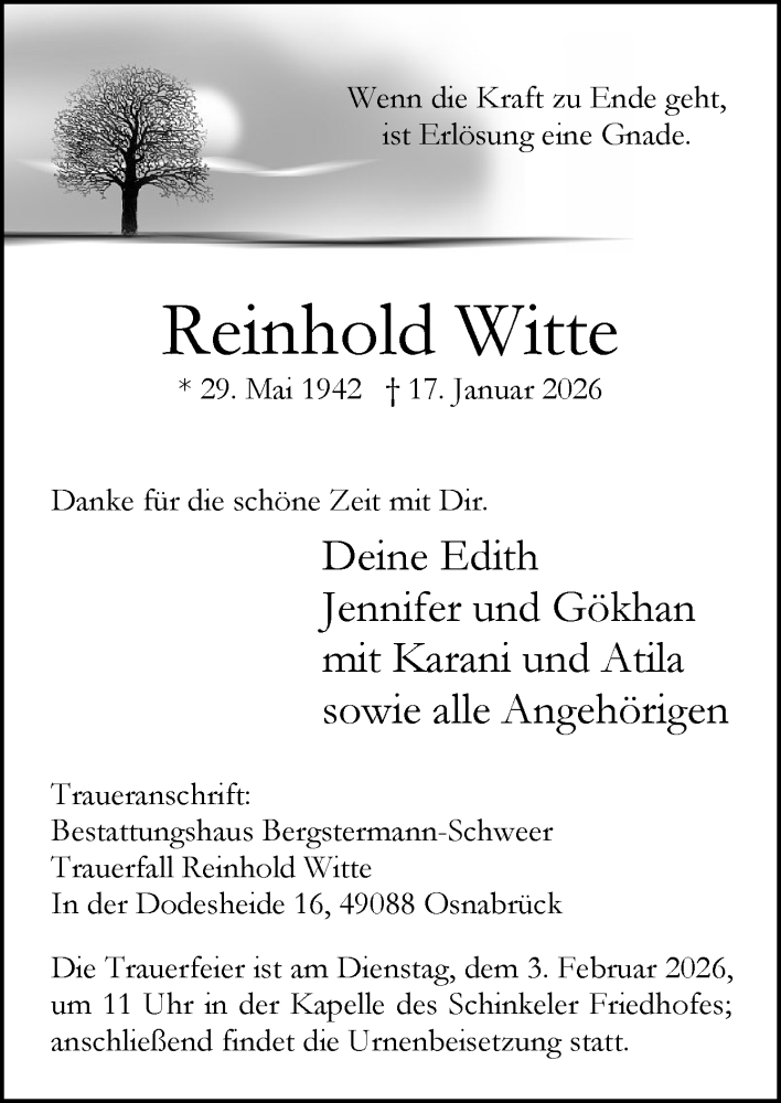  Traueranzeige für Reinhold Witte vom 24.01.2026 aus Neue Osnabrücker Zeitung GmbH & Co. KG