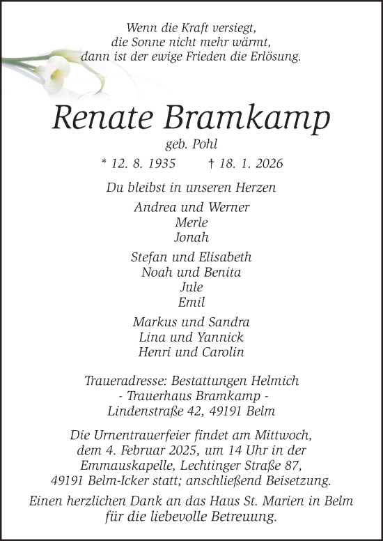 Traueranzeige von Renate Bramkamp von Neue Osnabrücker Zeitung GmbH & Co. KG