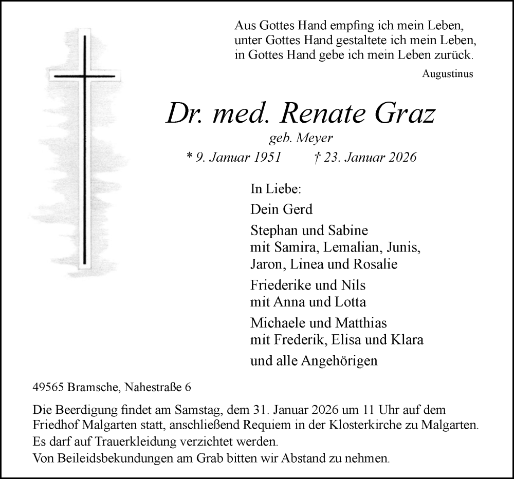 Traueranzeige für Renate Graz vom 28.01.2026 aus Neue Osnabrücker Zeitung GmbH & Co. KG