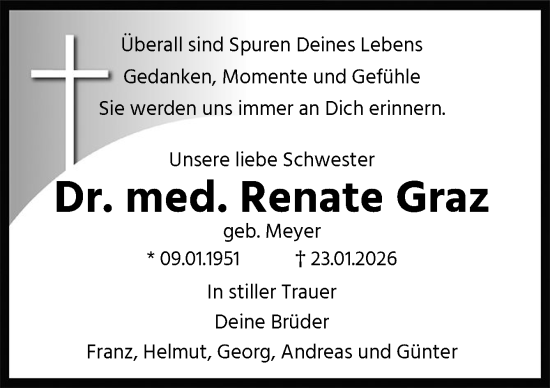 Traueranzeige von Renate Graz von Neue Osnabrücker Zeitung GmbH & Co. KG