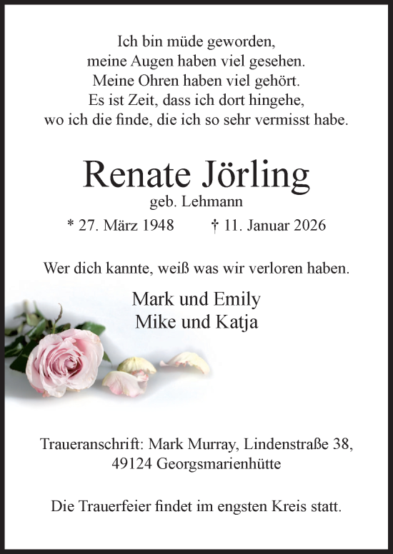 Traueranzeige von Renate Jörling von Neue Osnabrücker Zeitung GmbH & Co. KG