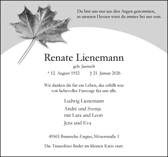 Traueranzeige von Renate Lienemann von Neue Osnabrücker Zeitung GmbH & Co. KG