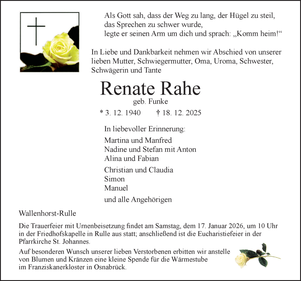  Traueranzeige für Renate Rahe vom 10.01.2026 aus Neue Osnabrücker Zeitung GmbH & Co. KG