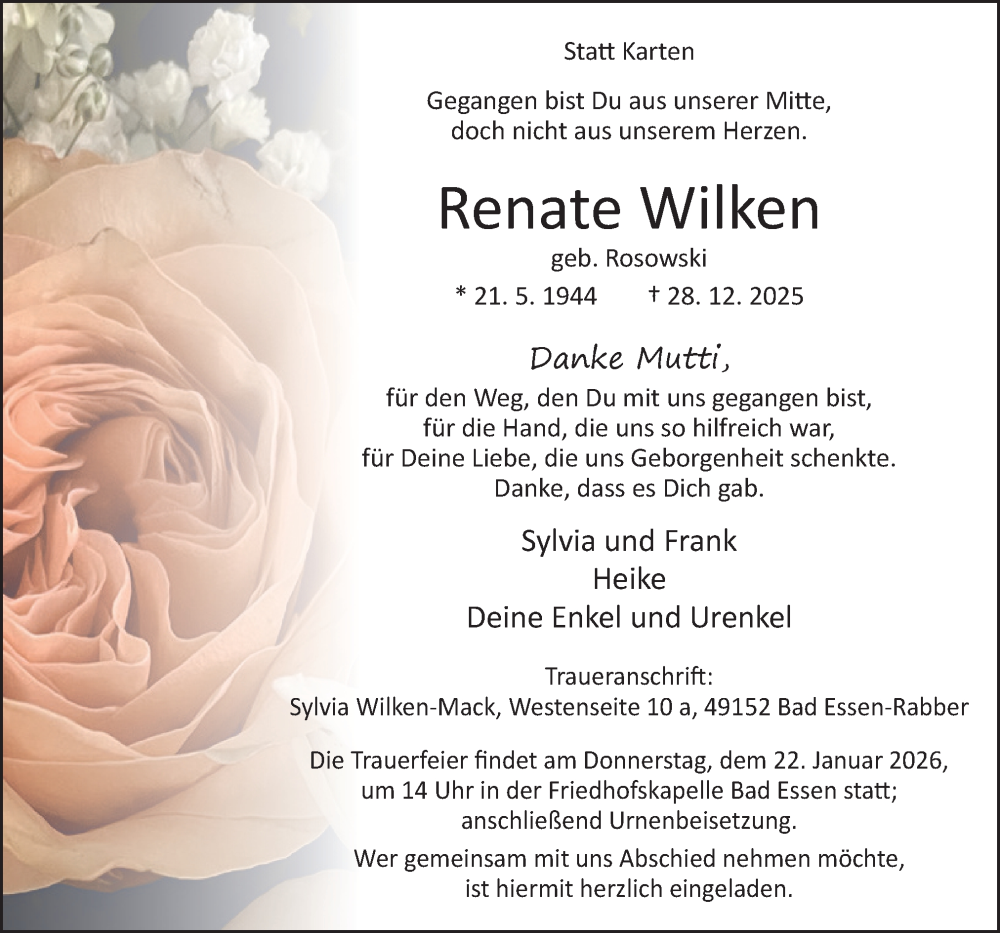  Traueranzeige für Renate Wilken vom 17.01.2026 aus Neue Osnabrücker Zeitung GmbH & Co. KG