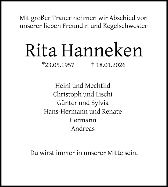 Traueranzeige von Rita Hanneken von Neue Osnabrücker Zeitung GmbH & Co. KG